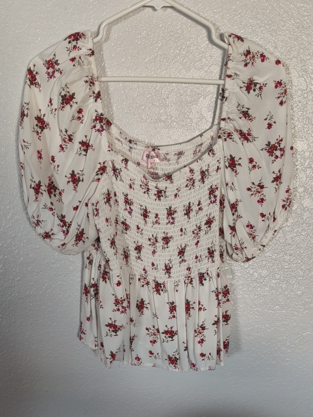 White Top with Red Floral Smocked Bodice and Puff Sleeves